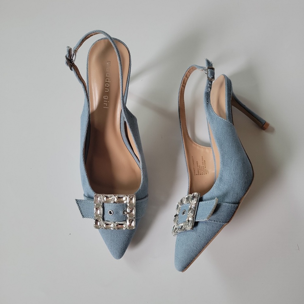 Madden Girl Chacha Denim Slingback Stiletto Pumps 9 Lightwash Rhinestone Buckles